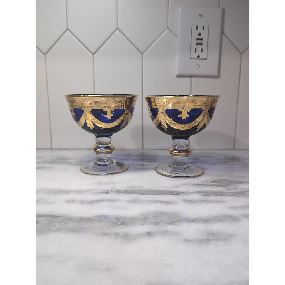 Italian Interglass Cobalt Blue Glass Compote, Serving Coupes, Gold, Set of‎ 2